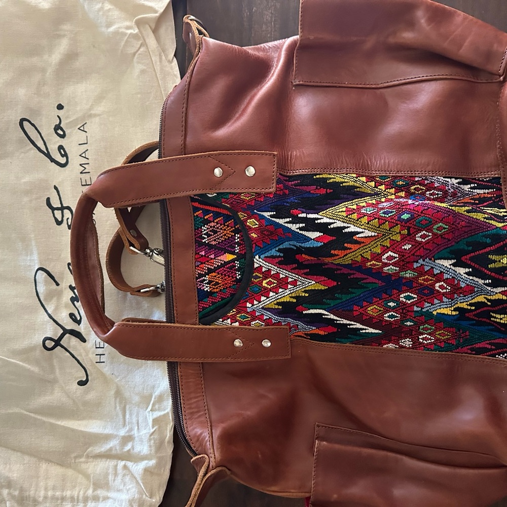 Nena & Co. Brown Leather Tote with Multicolor Woven Panel